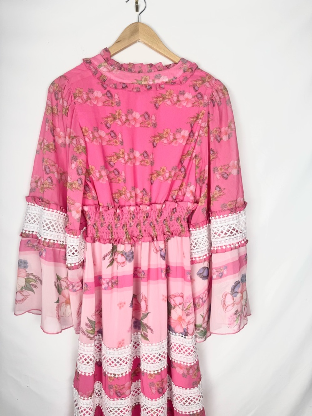Whimsical Faeriesty Pink Floral Boho Style Maxi Dress with Lace Trim Size M - Picture 7 of 9